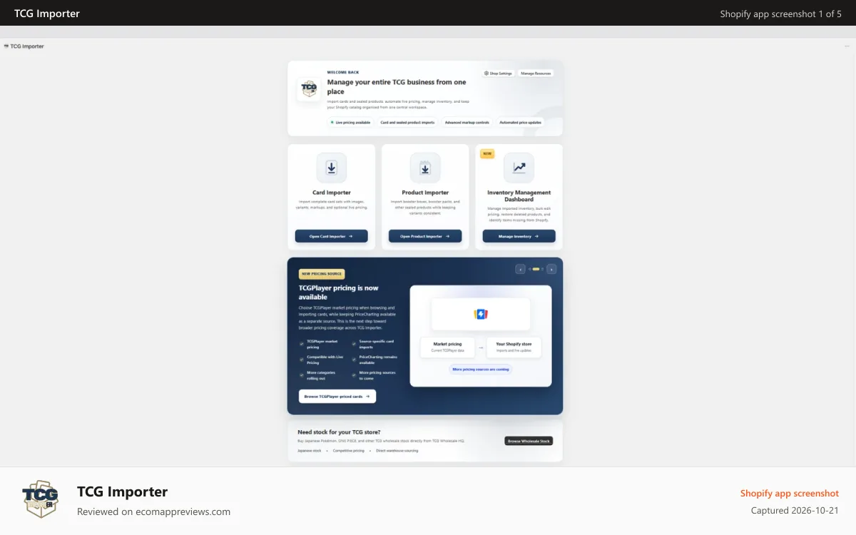 TCG Importer Shopify app screenshot: Home Page for the TCG Importer Application