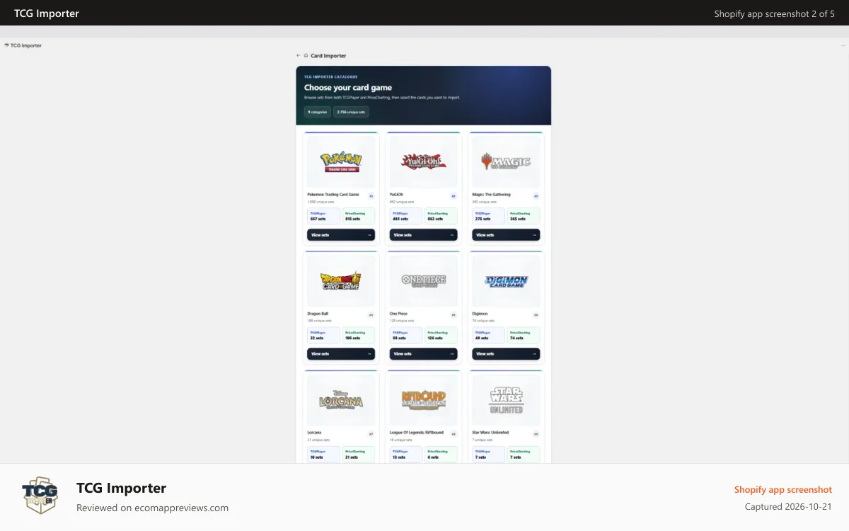 TCG Importer Shopify app screenshot: Lots of TCG Categories to choose from