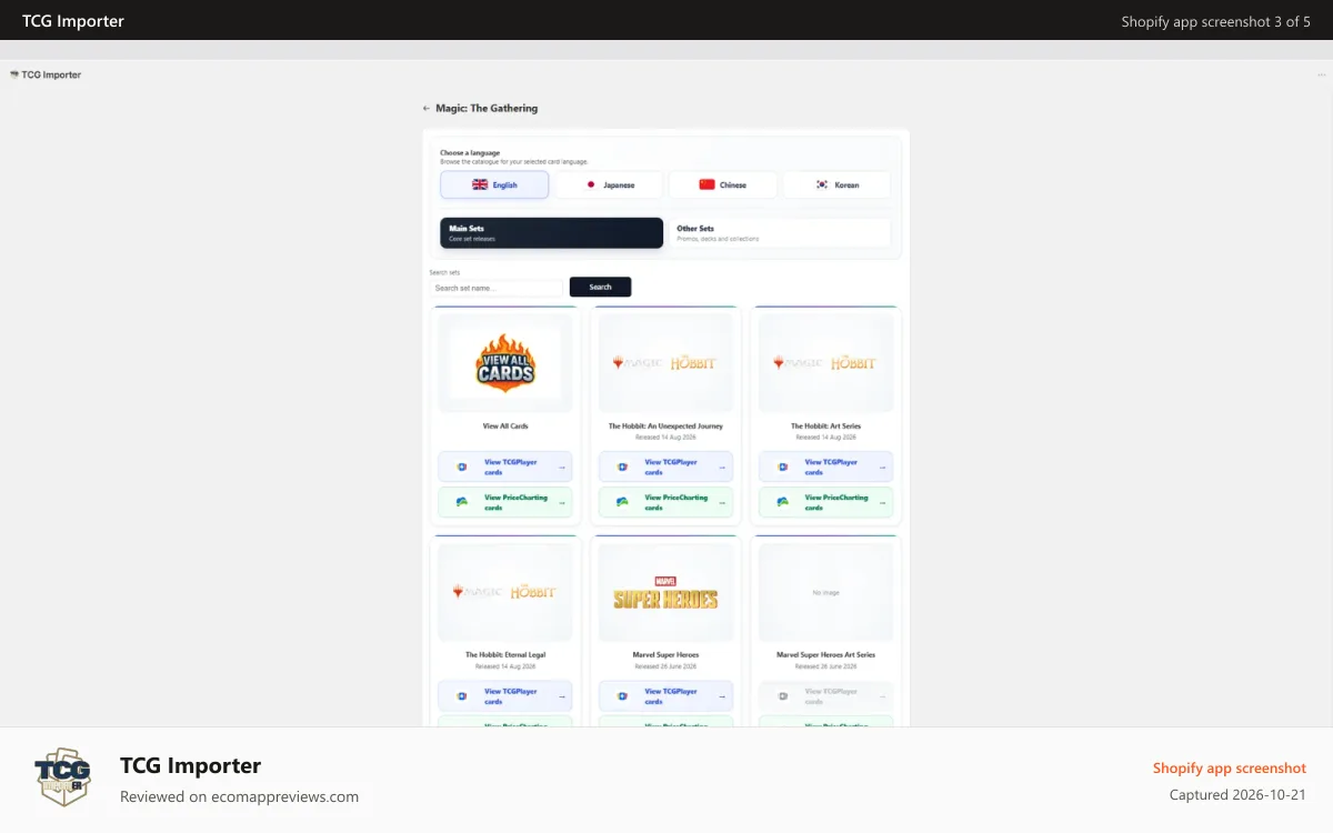 TCG Importer Shopify app screenshot: Sets to choose from, including Japanese and Chinese sets