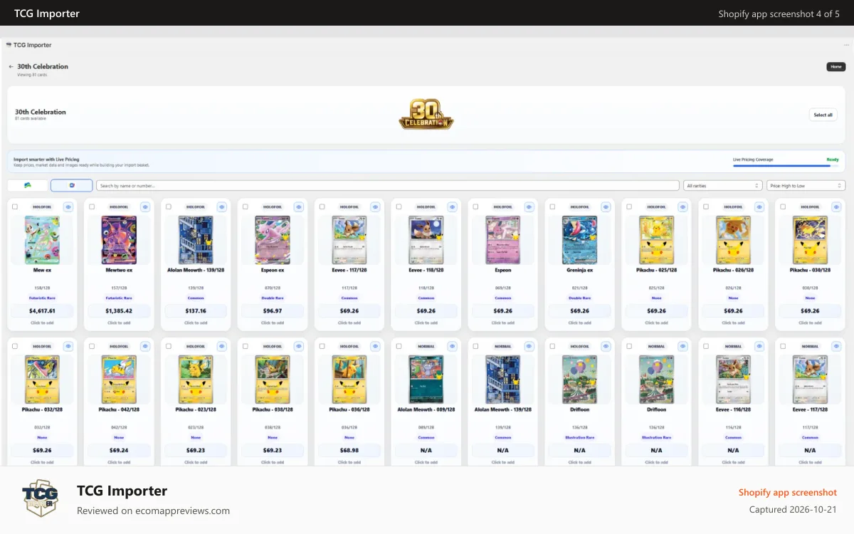 TCG Importer Shopify app screenshot: Sets Card Pages with prices from TCG Player & Pricecharting