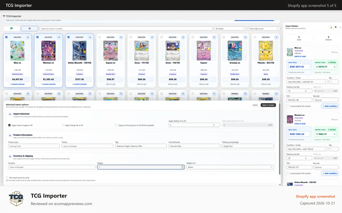 TCG Importer Shopify app screenshot: Advanced options for importing TCG cards and products