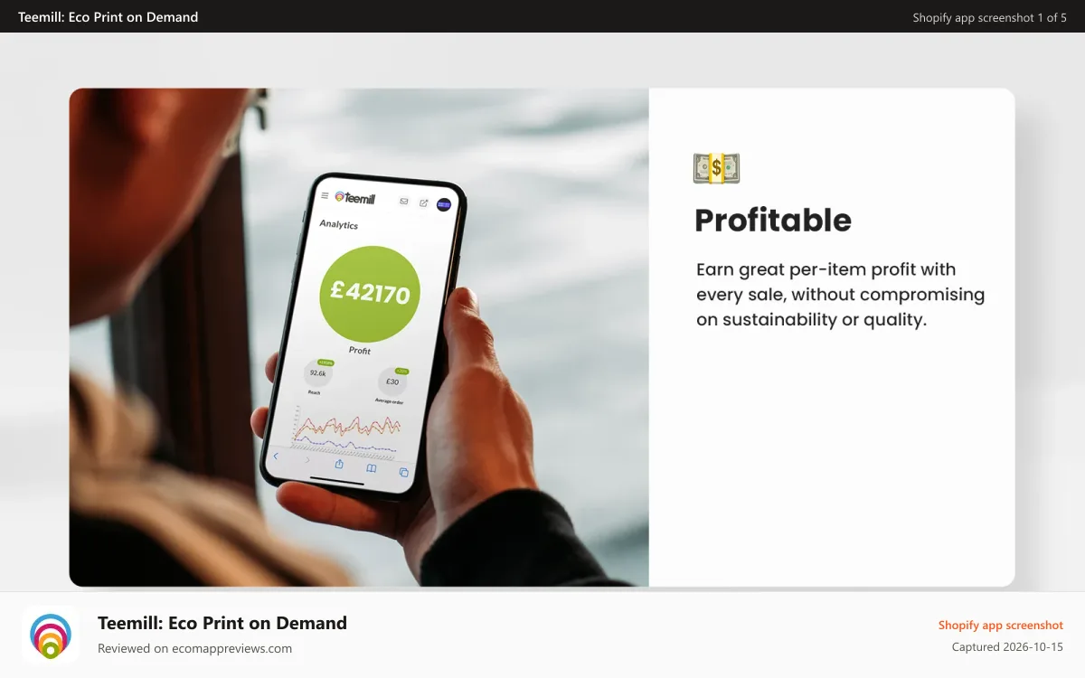 Teemill: Eco Print on Demand Shopify app screenshot: Profitable dropshipping