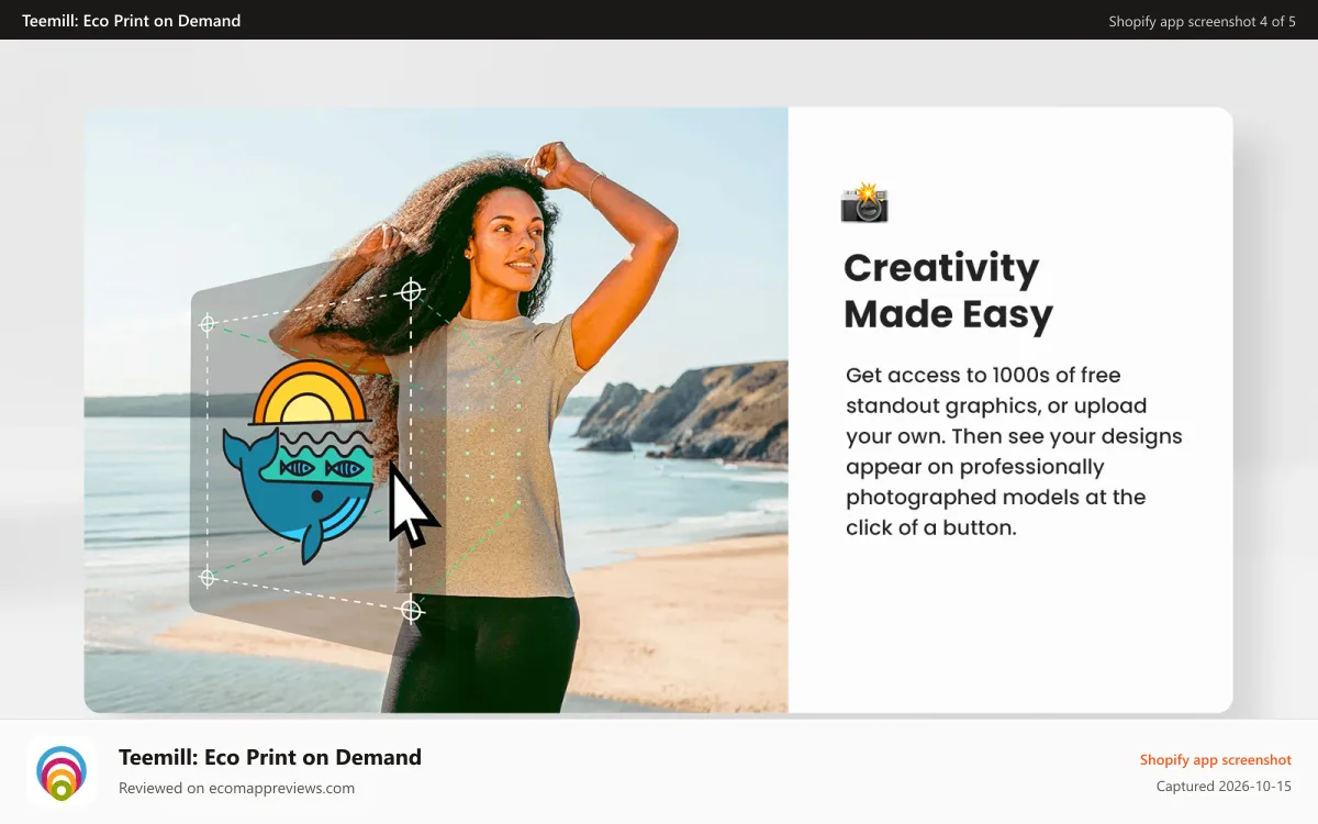 Teemill: Eco Print on Demand Shopify app screenshot: Easy custom t-shirt design tools