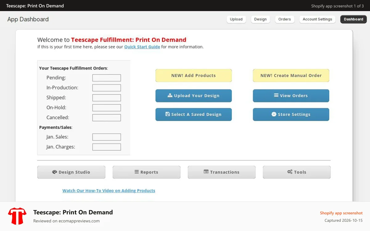 Teescape: Print On Demand Shopify app screenshot: App Dashboard Page