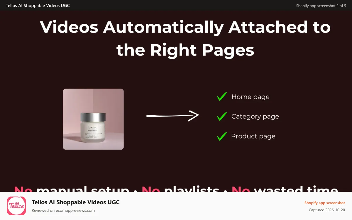 Tellos AI Shoppable Videos UGC Shopify app screenshot: Videos are automatically placed on product and category pages AI