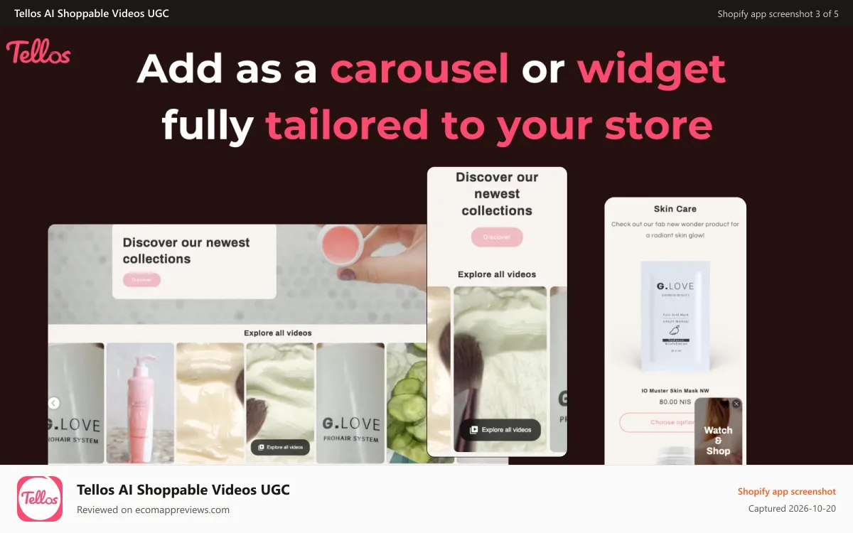 Tellos AI Shoppable Videos UGC Shopify app screenshot: Many ways for implementation - carousel, widget stories feeds