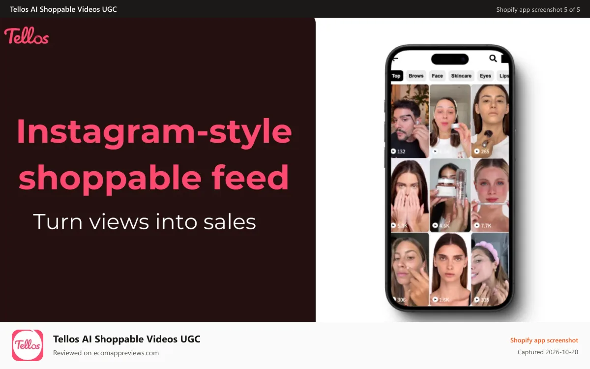 Tellos AI Shoppable Videos UGC Shopify app screenshot: Instagram and tiktok shop style shoppable feeds that boost sales
