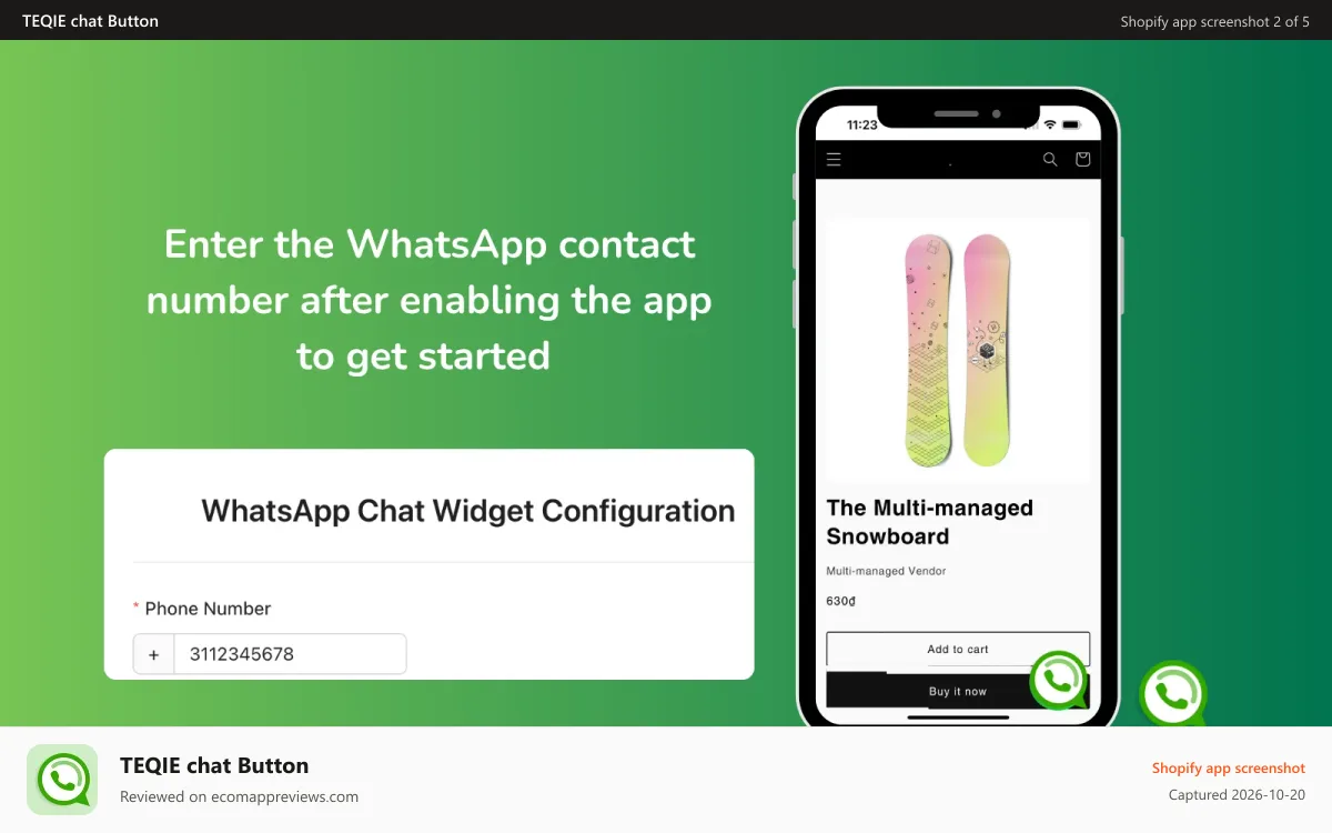 TEQIE chat Button Shopify app screenshot: Start by entering your number