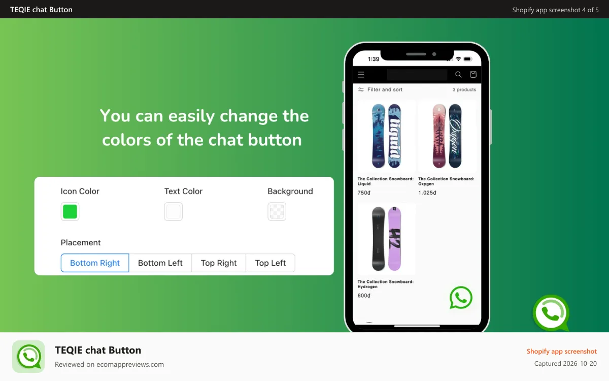 TEQIE chat Button Shopify app screenshot: Make your chat icon truly yours with custom colors