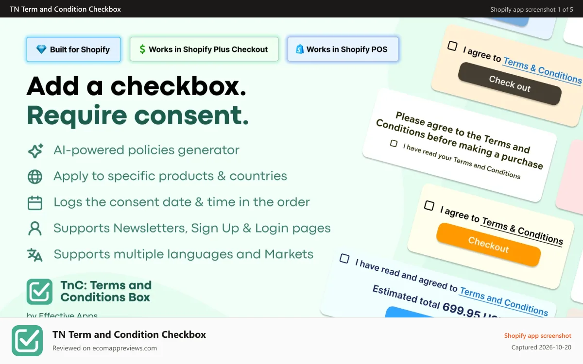 TN Term and Condition Checkbox Shopify app screenshot: Stop chargebacks: Protect your store with one required checkbox.