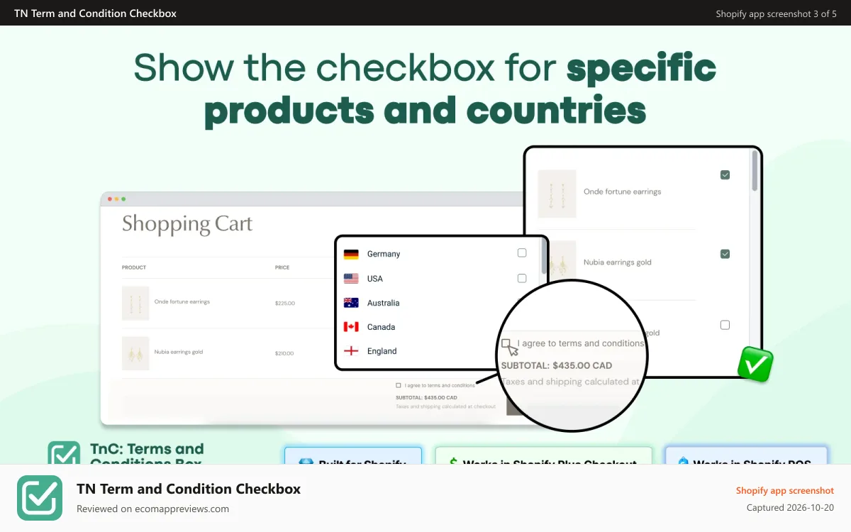 TN Term and Condition Checkbox Shopify app screenshot: The check box can be added for specific products and countries