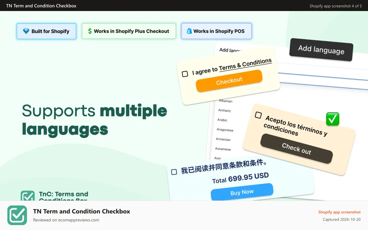 TN Term and Condition Checkbox Shopify app screenshot: The check box in action - multiple languages support