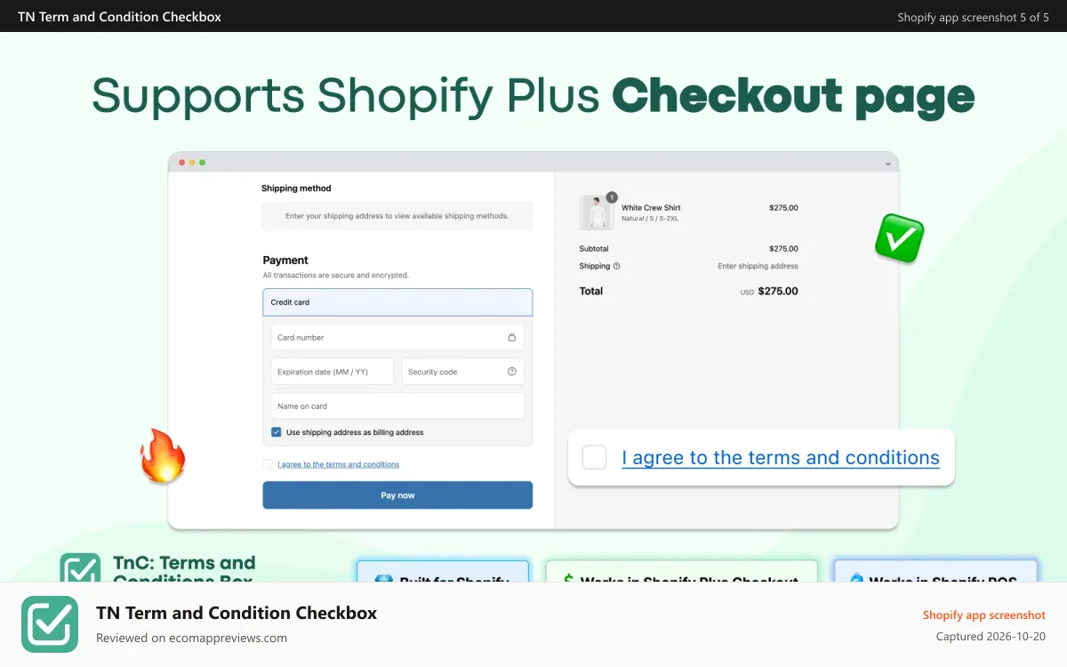 TN Term and Condition Checkbox Shopify app screenshot: The checkbox appear in the Checkout page of the store