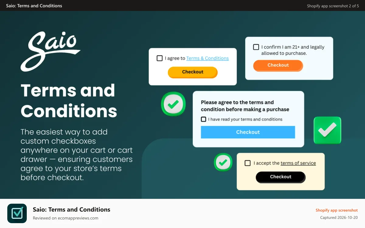 Saio: Terms and Conditions Shopify app screenshot: Saio Terms and Conditions checkbox examples for cart checkout