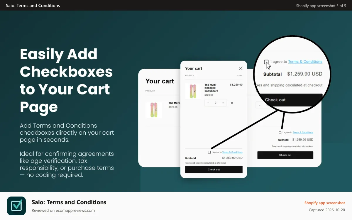 Saio: Terms and Conditions Shopify app screenshot: Easily add Terms & Conditions checkbox to Shopify cart page