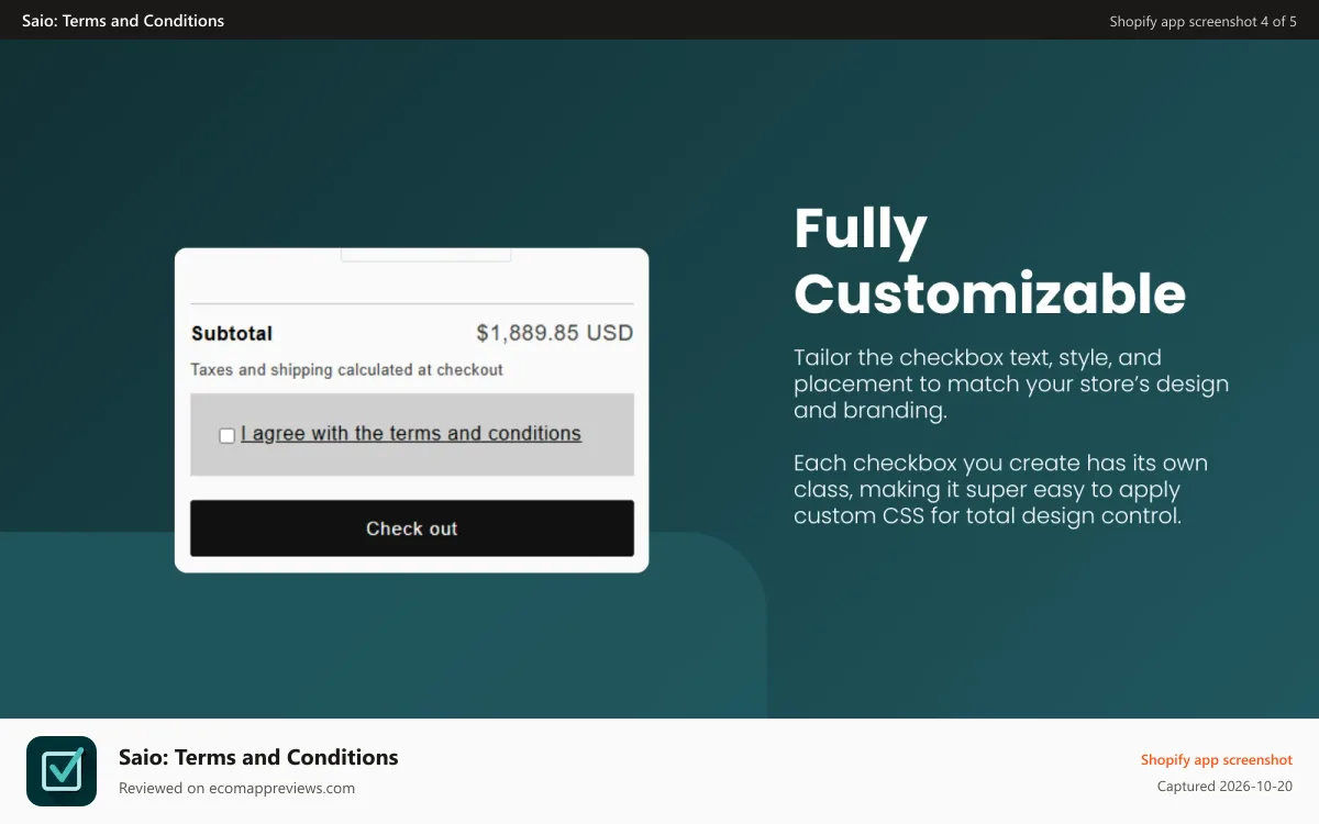 Saio: Terms and Conditions Shopify app screenshot: Easily add Terms & Conditions checkbox to Shopify cart page