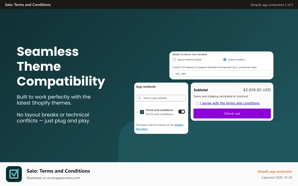 Saio: Terms and Conditions Shopify app screenshot: Easily add Terms & Conditions checkbox to Shopify cart page