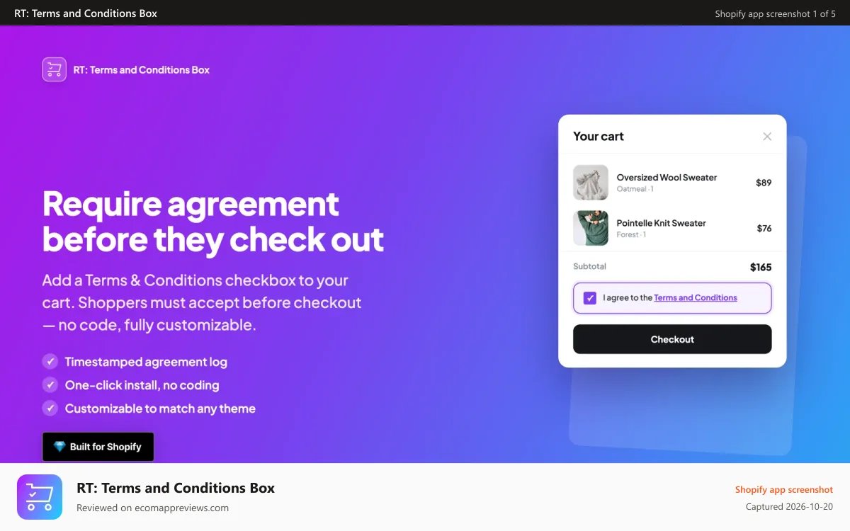 RT: Terms and Conditions Box Shopify app screenshot: Terms and Conditions Checkbox