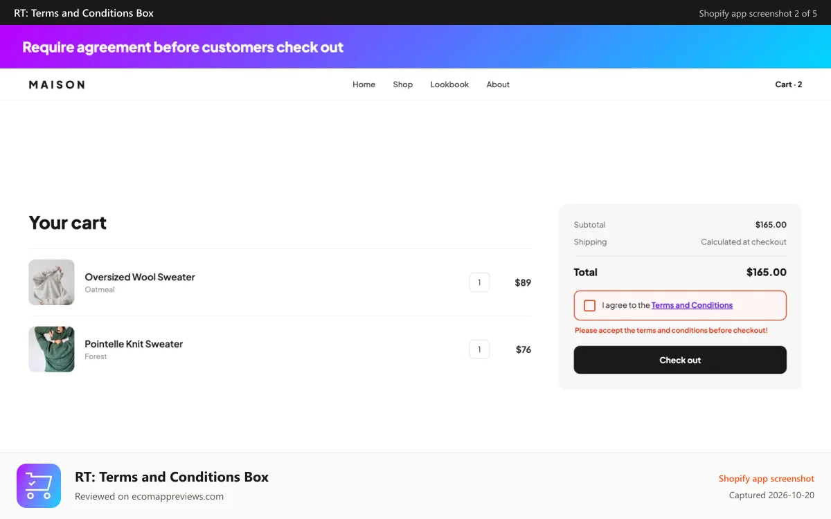 RT: Terms and Conditions Box Shopify app screenshot: Require agreement before customers check out