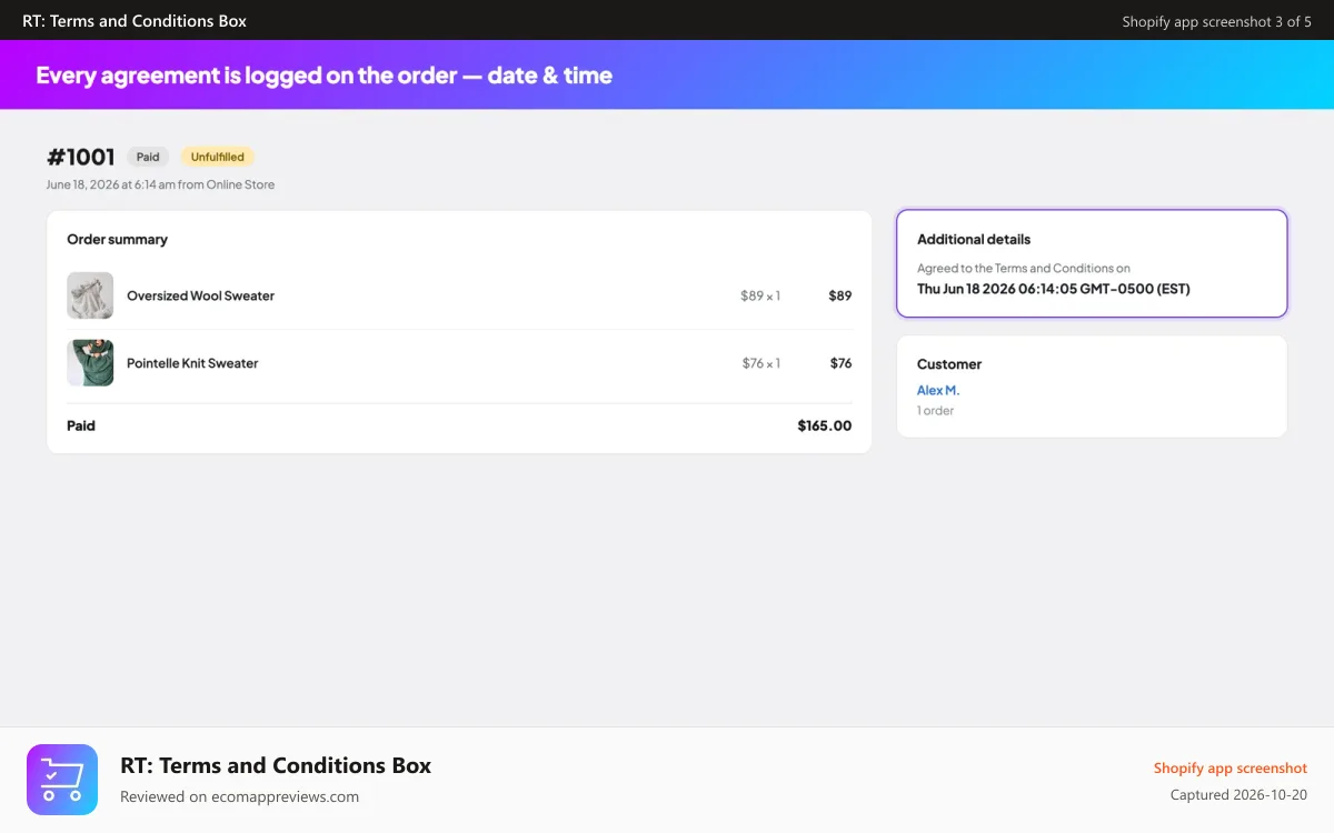 RT: Terms and Conditions Box Shopify app screenshot: Every agreement is logged on the order — date & time