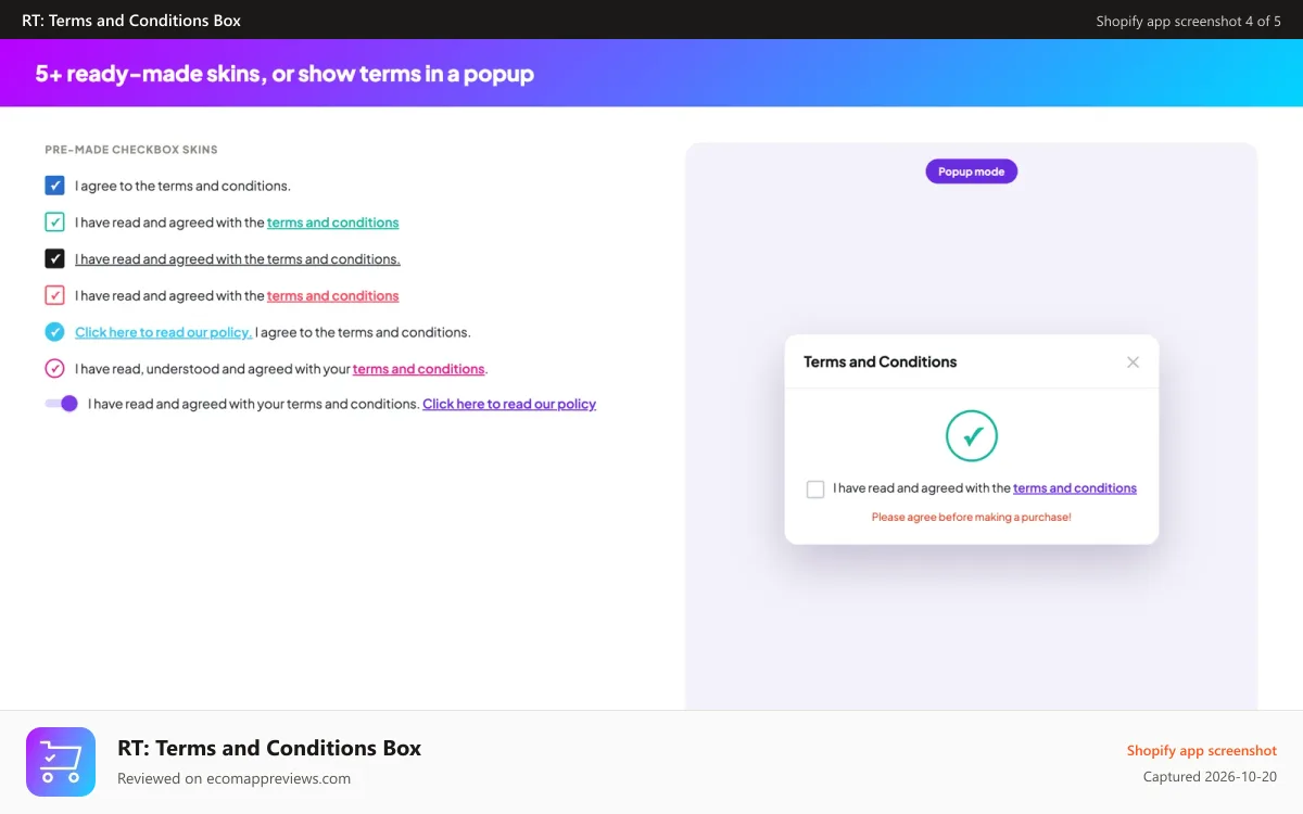 RT: Terms and Conditions Box Shopify app screenshot: 5+ ready-made skins, or show terms in a popup