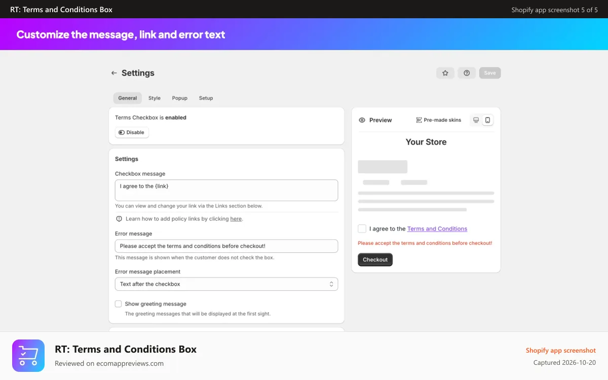 RT: Terms and Conditions Box Shopify app screenshot: Customize the message, link and error text