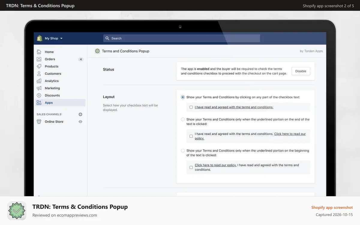 TRDN: Terms & Conditions Popup Shopify app screenshot: admin panel - general