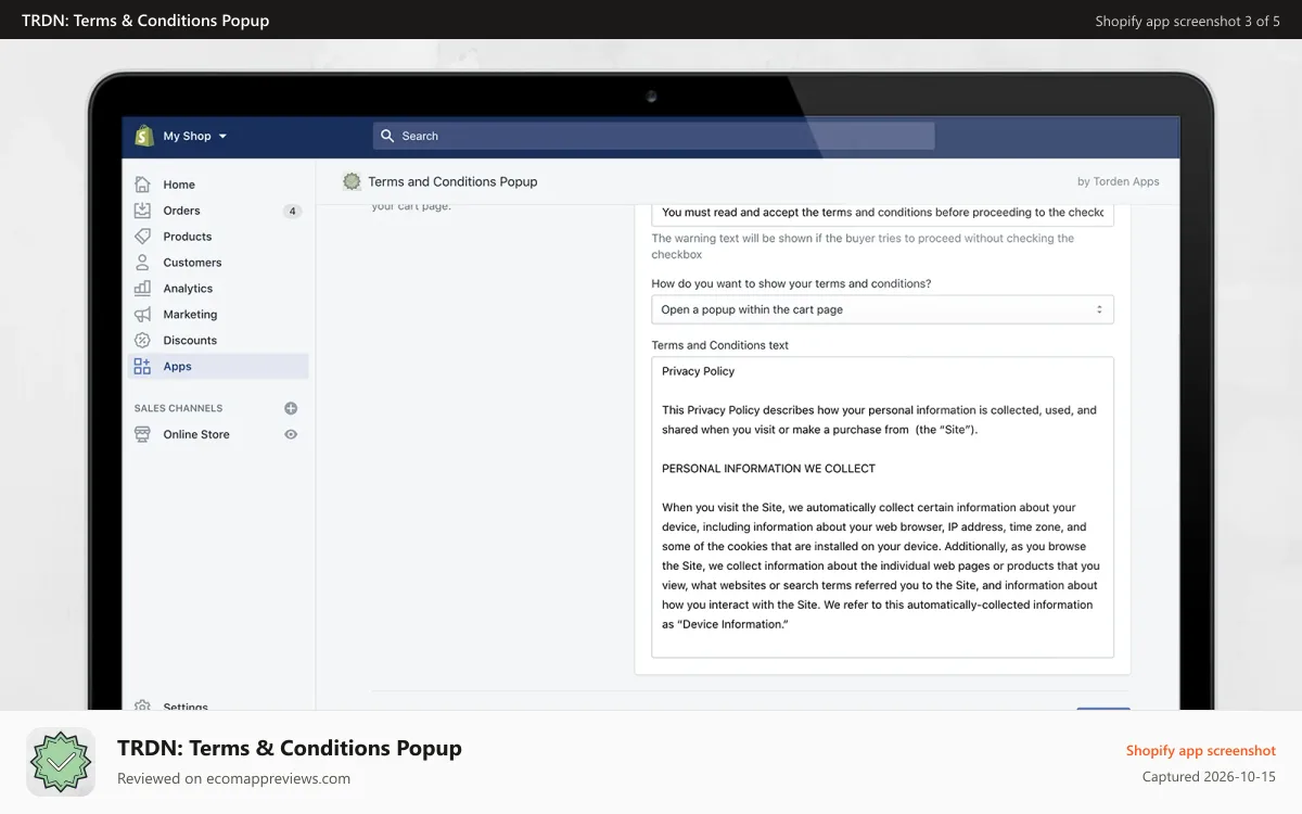 TRDN: Terms & Conditions Popup Shopify app screenshot: admin panel - terms