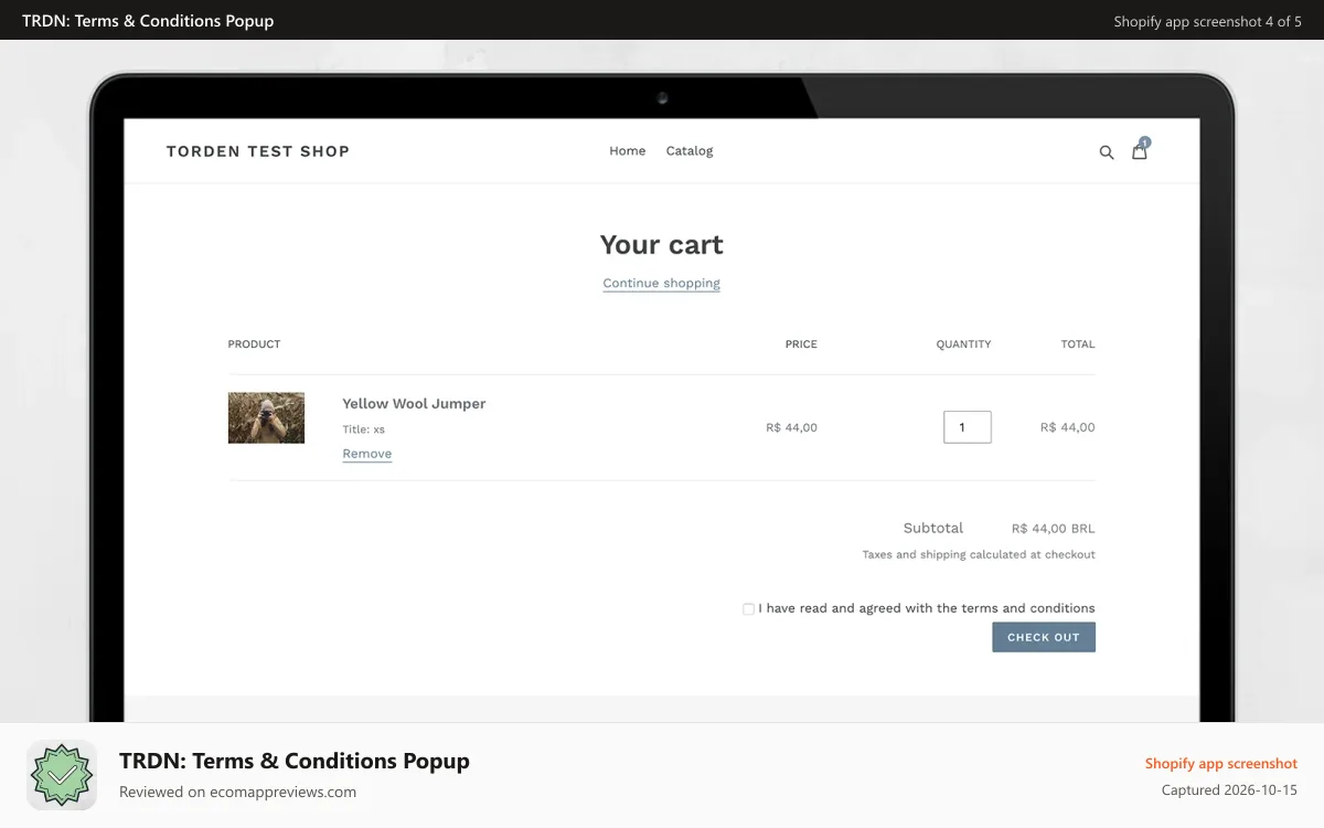 TRDN: Terms & Conditions Popup Shopify app screenshot: cart page