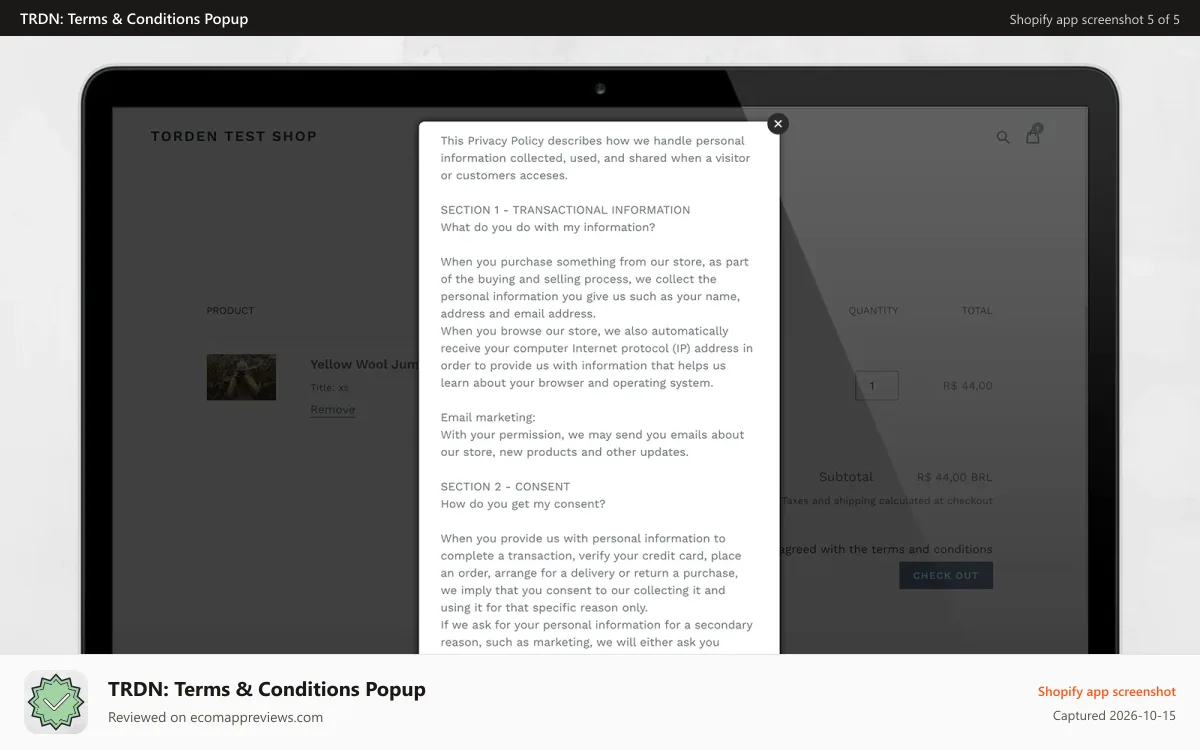 TRDN: Terms & Conditions Popup Shopify app screenshot: cart page - popup