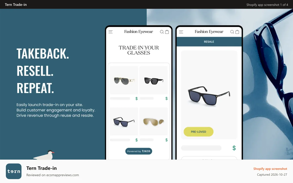 Tern Trade‑in Shopify app screenshot: Takeback. Resell. Repeat.