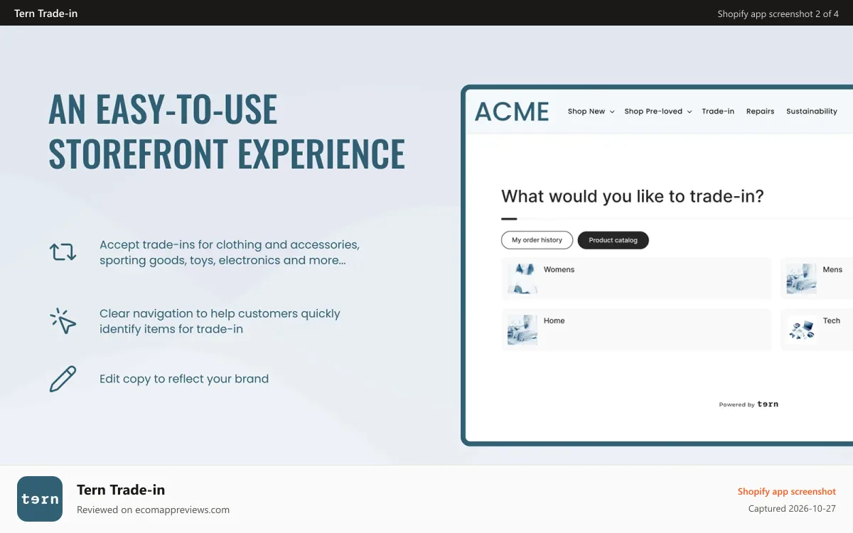 Tern Trade‑in Shopify app screenshot: An easy-to-use, customisable storefront experience