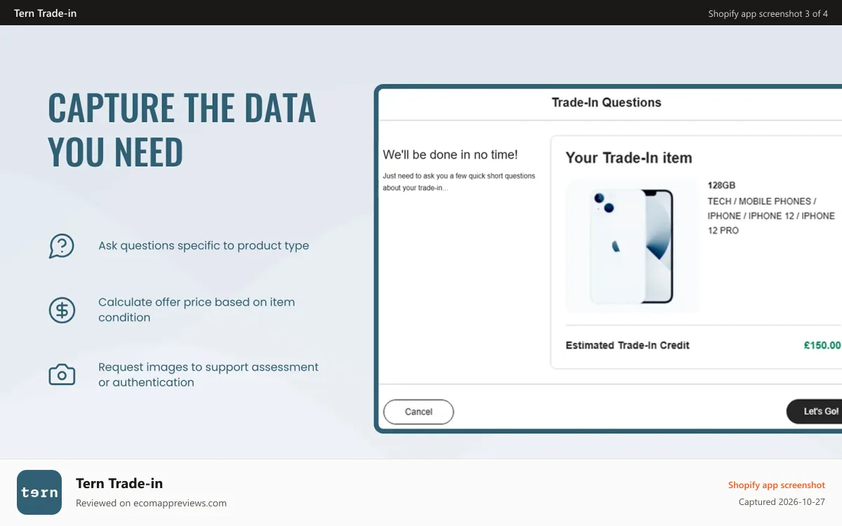 Tern Trade‑in Shopify app screenshot: Capture the data you need to relist for resale