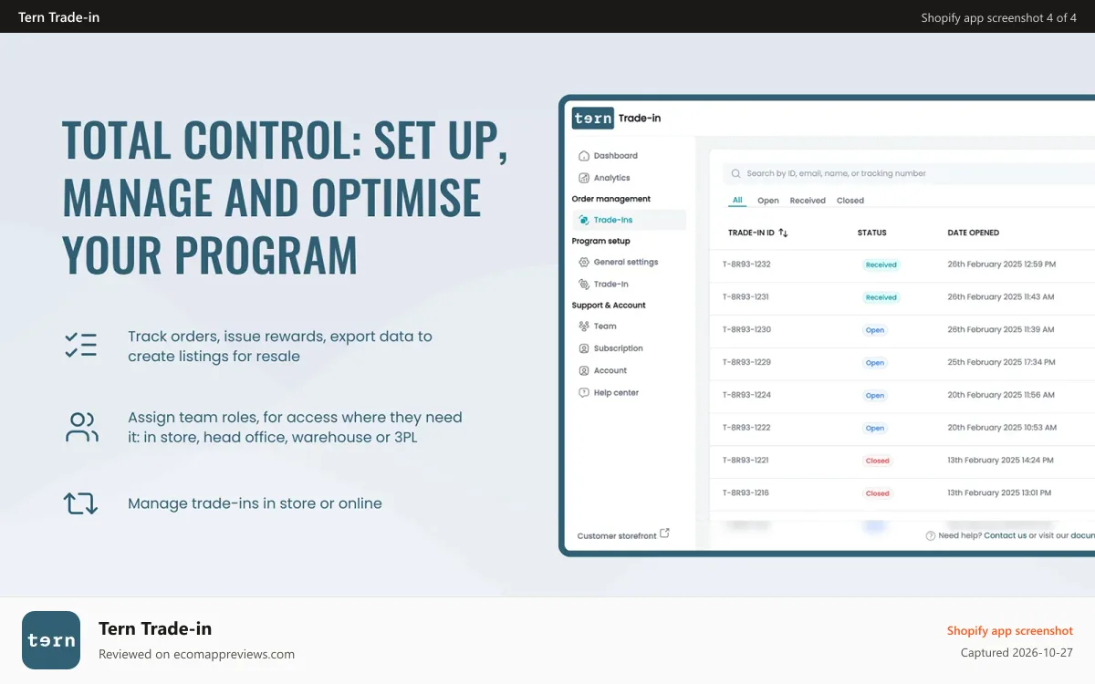 Tern Trade‑in Shopify app screenshot: Set up, manage and optimise program in the Tern admin