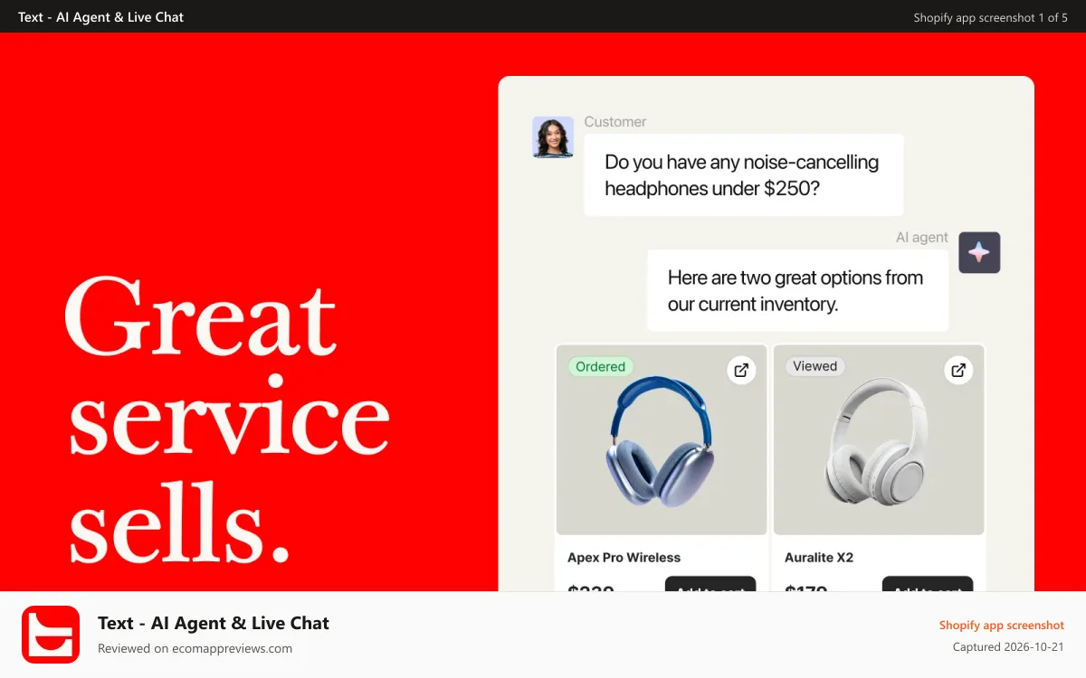 Text ‑ AI Agent & Live Chat Shopify app screenshot: Text AI live chat assistant for customer support and sales.
