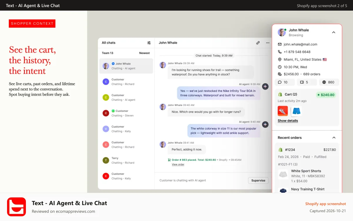 Text ‑ AI Agent & Live Chat Shopify app screenshot: Shopper context with carts, orders, and buying intent