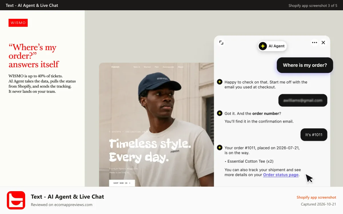 Text ‑ AI Agent & Live Chat Shopify app screenshot: AI agent checks an order’s shipping status in chat
