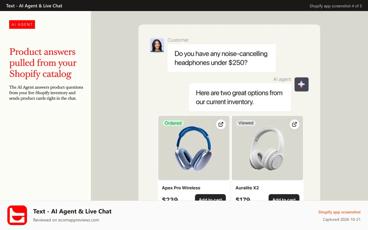 Text ‑ AI Agent & Live Chat Shopify app screenshot: AI agent answers from your live Shopify catalog