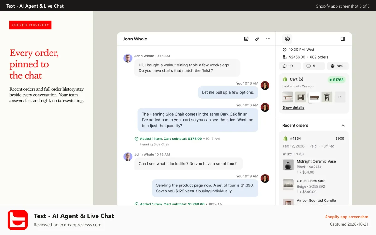 Text ‑ AI Agent & Live Chat Shopify app screenshot: Omnichannel inbox with full customer conversation history