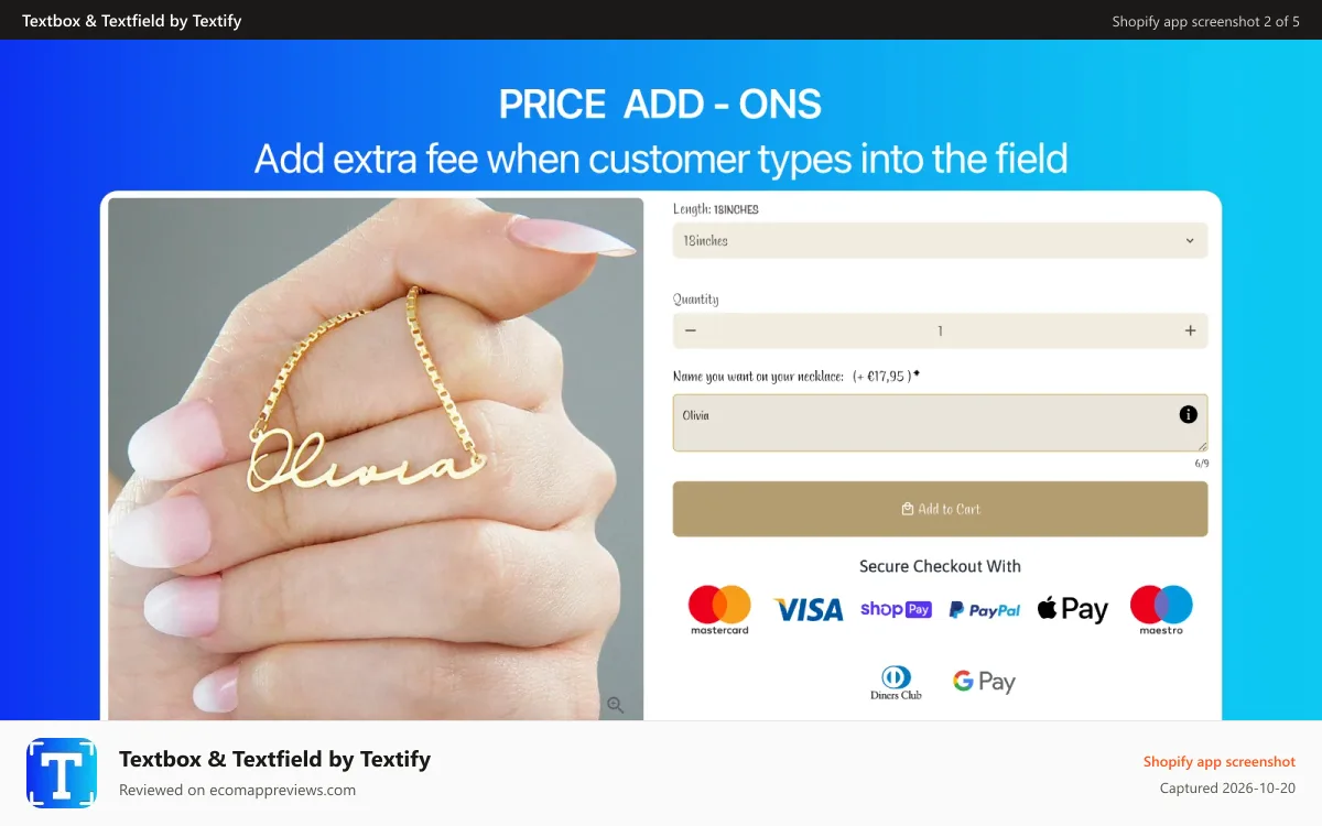 Textbox & Textfield by Textify Shopify app screenshot: Textfield on product page - Custom field for text and notes