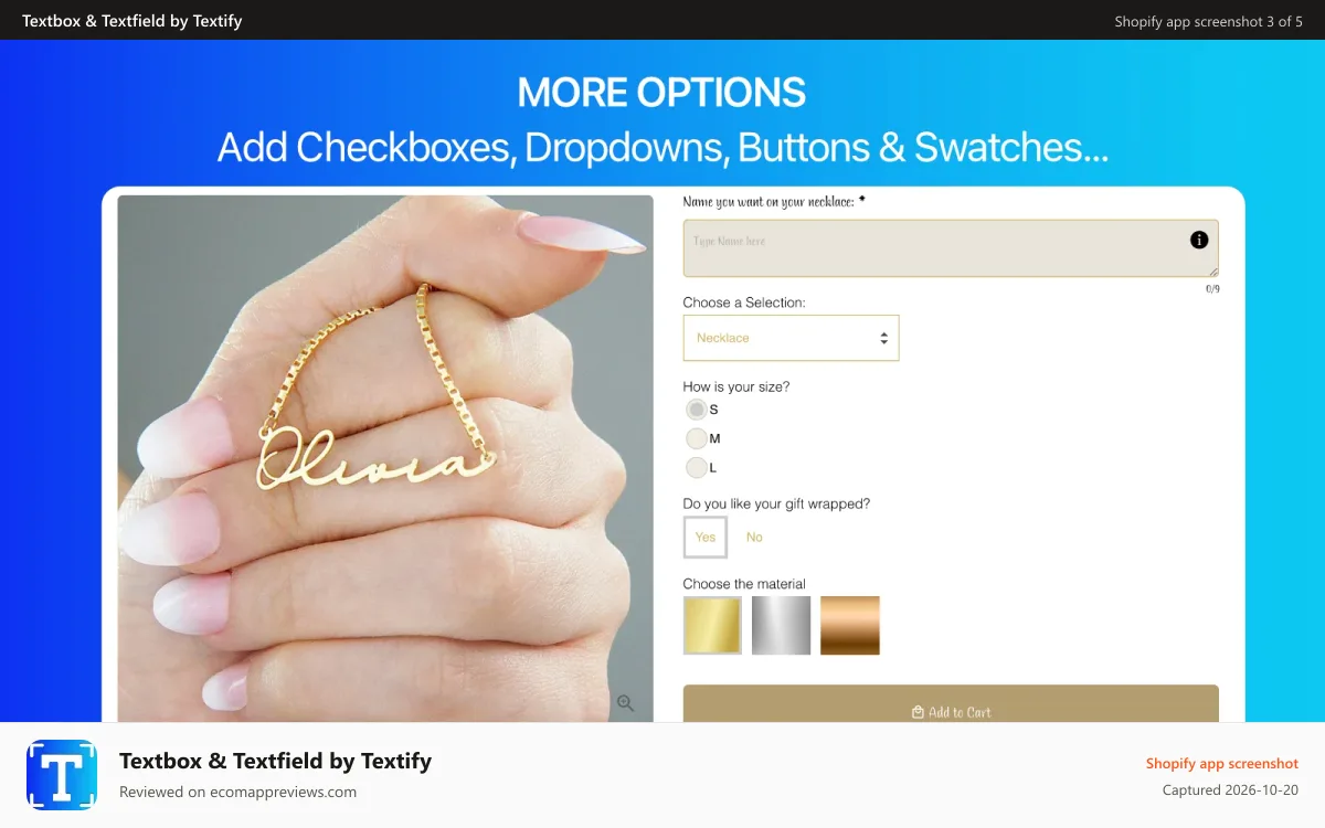 Textbox & Textfield by Textify Shopify app screenshot: Textfield for products - manage your textboxes and custom fields