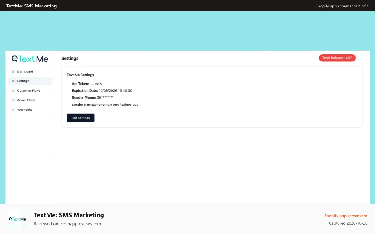 TextMe: SMS Marketing Shopify app screenshot: TextMe: SMS Marketing - Settings
