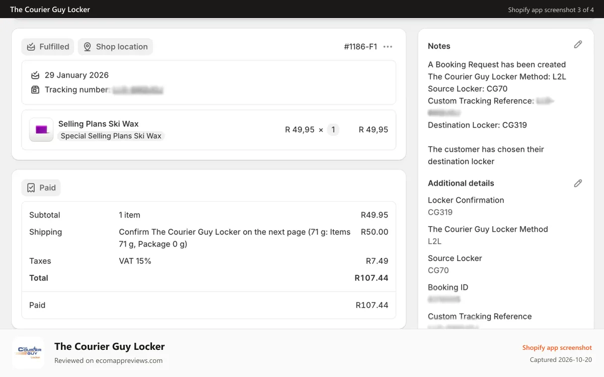The Courier Guy Locker Shopify app screenshot: Shipping detail in order