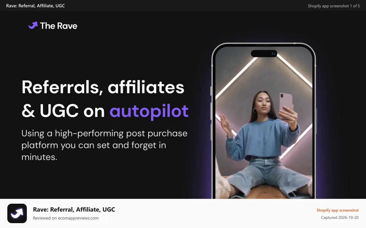 Rave: Referral, Affiliate, UGC Shopify app screenshot: Rave widgets and customer home page