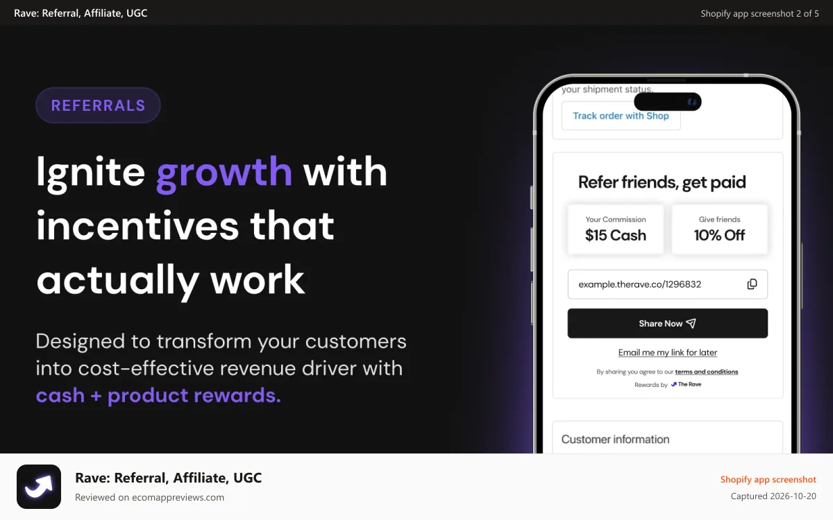 Rave: Referral, Affiliate, UGC Shopify app screenshot: Referral Rewards
