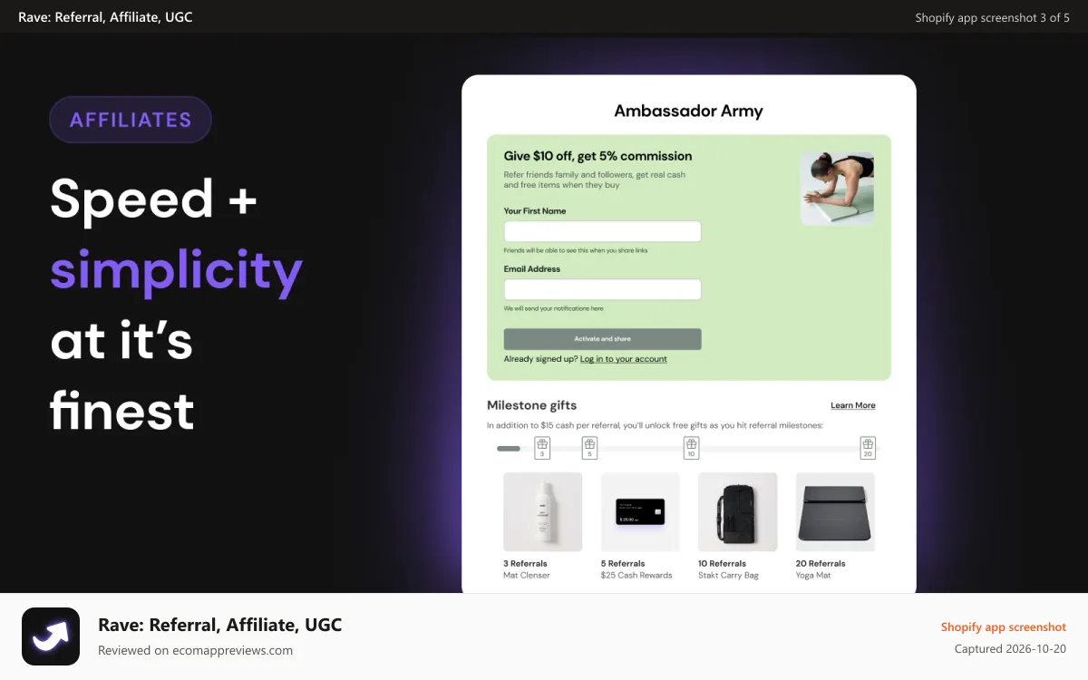 Rave: Referral, Affiliate, UGC Shopify app screenshot: Simple UX