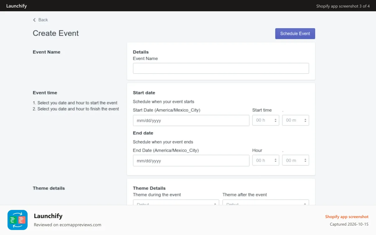 Launchify Shopify app screenshot: Create a new event