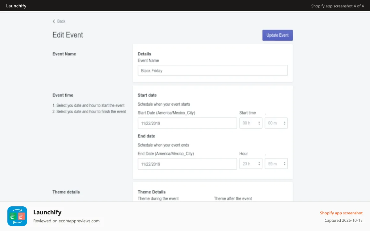 Launchify Shopify app screenshot: Edit , cancel or delete an event
