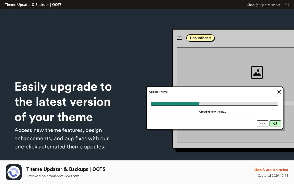 Theme Updater & Backups | OOTS Shopify app screenshot: vault has automatic products backups ready for your to restore