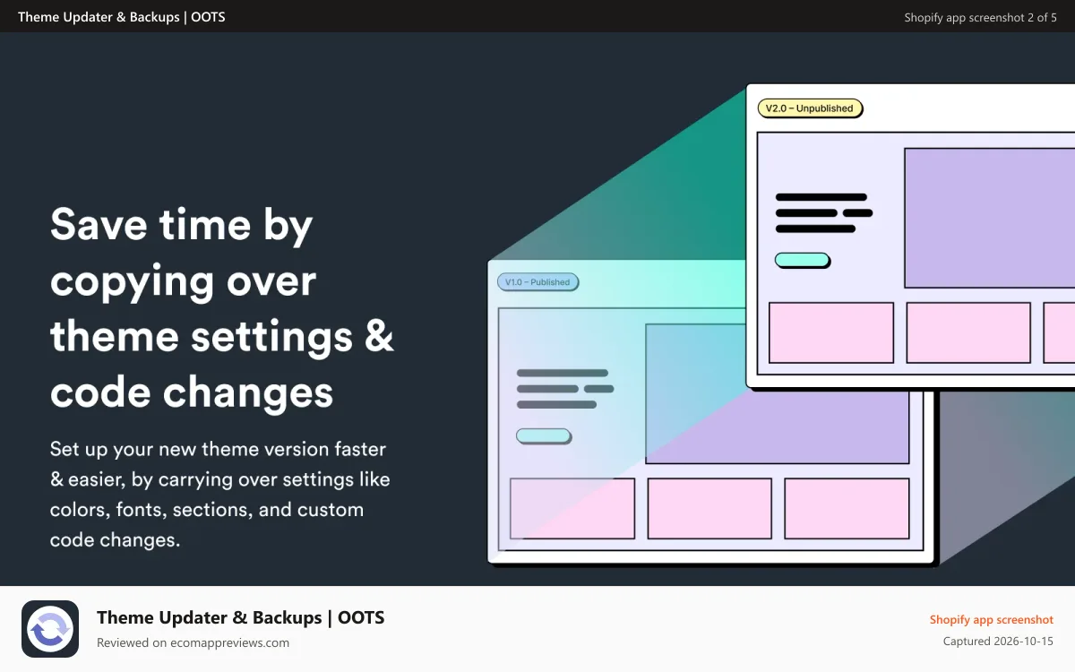 Theme Updater & Backups | OOTS Shopify app screenshot: progress bar in theme updater creating new theme